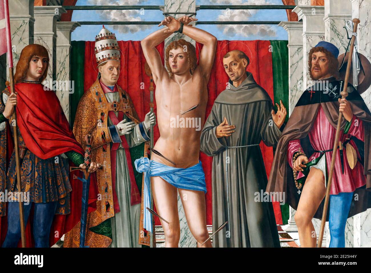 Galleria dell'Accademia. Sain Sebastian con i Santi Liberalis, Gregorio, Francesco e Rocco di Giovanni Mansueti. 1500. Foto Stock