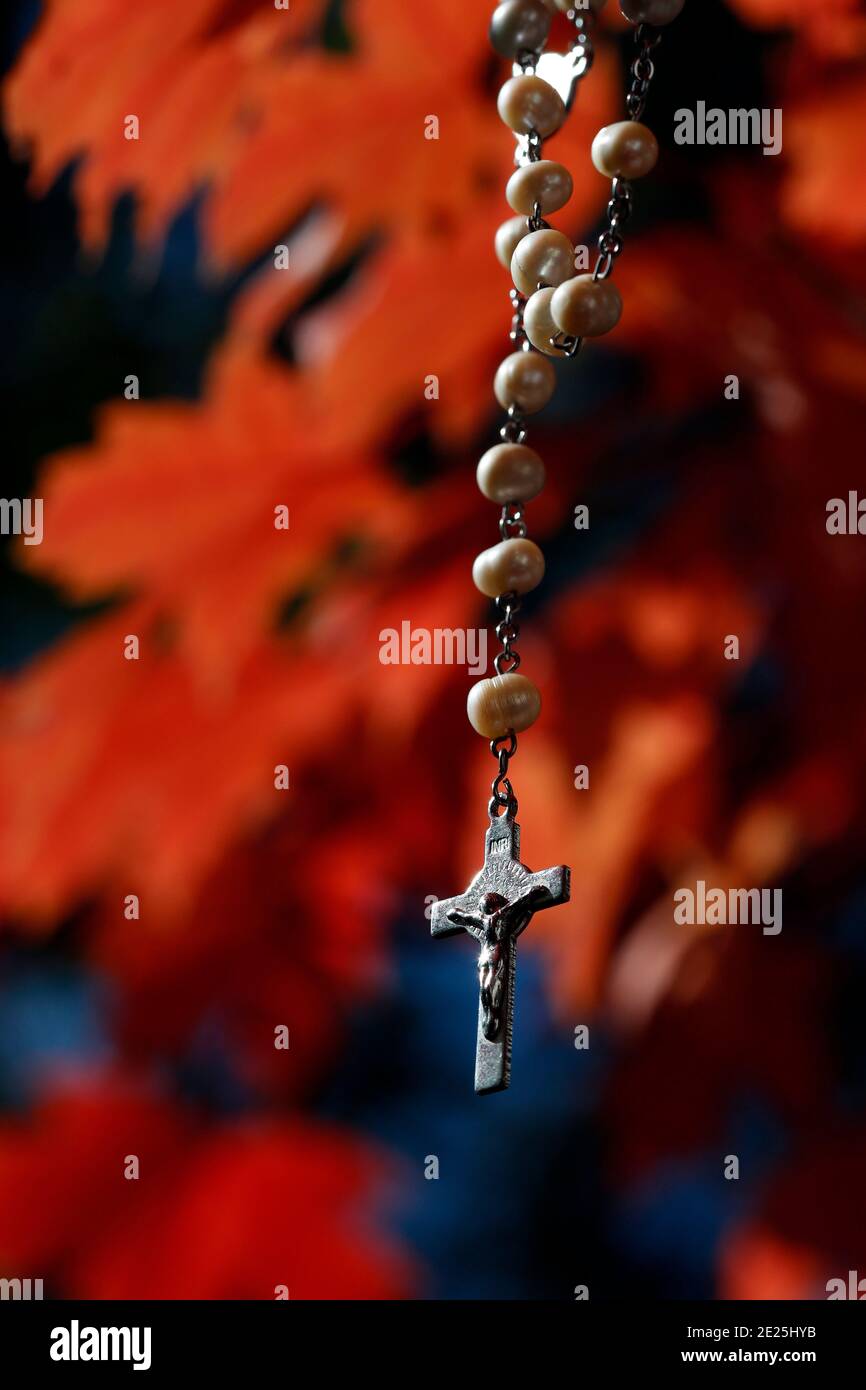 Croce di Rosario appesa su un ramo di albero con foglie rosse. Num. Autom. Francia. Foto Stock