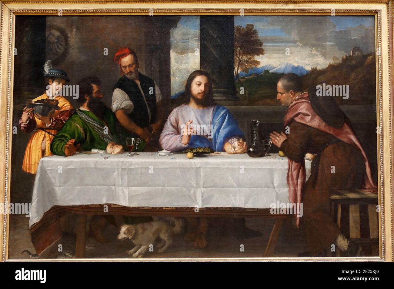 Museo del Louvre, Parigi, Francia. Tiziano Vecellio, noto come Tiziano, i pellegrini a Emmaüs, olio su tela, c.1534. Foto Stock