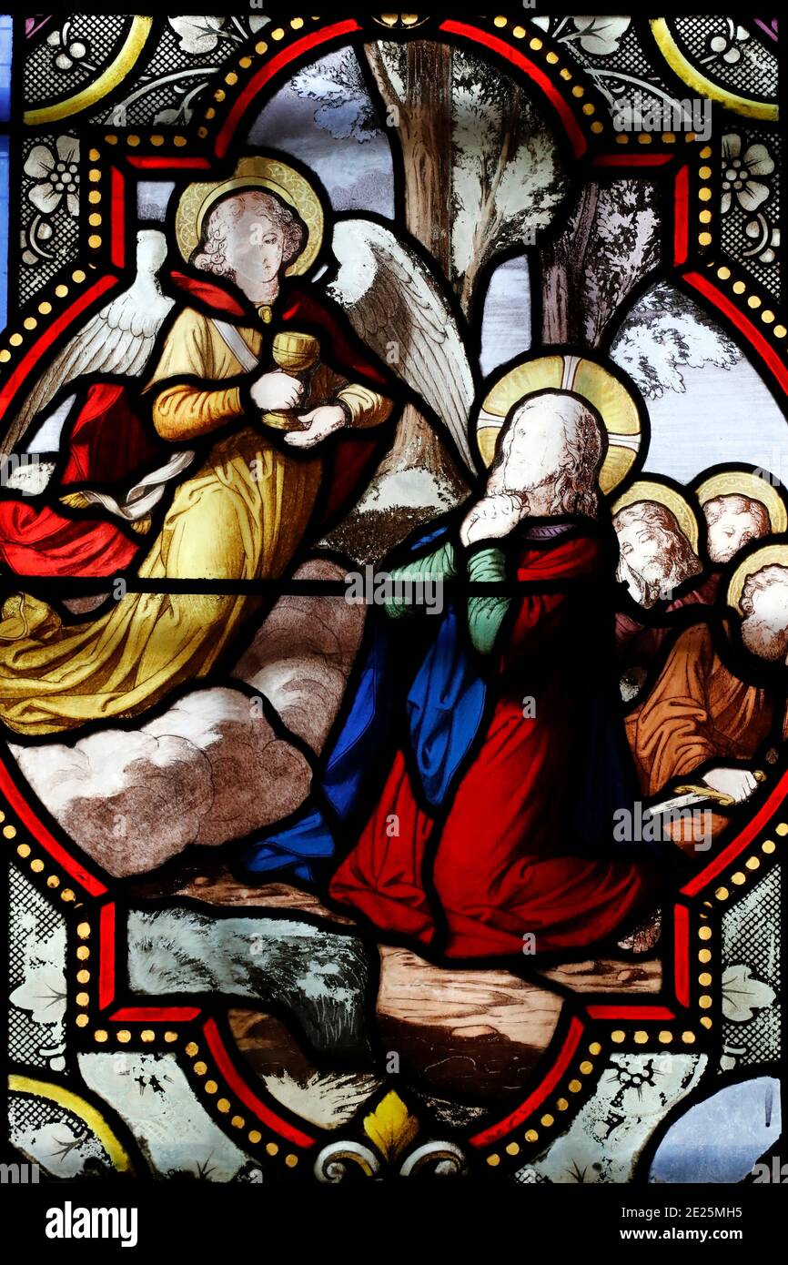 Cordeliers chiesa. Finestra in vetro colorato. Gesù prega nel giardino del Getsemani dopo l'ultima cena, mentre i discepoli dormono. Lons le Saunier Foto Stock