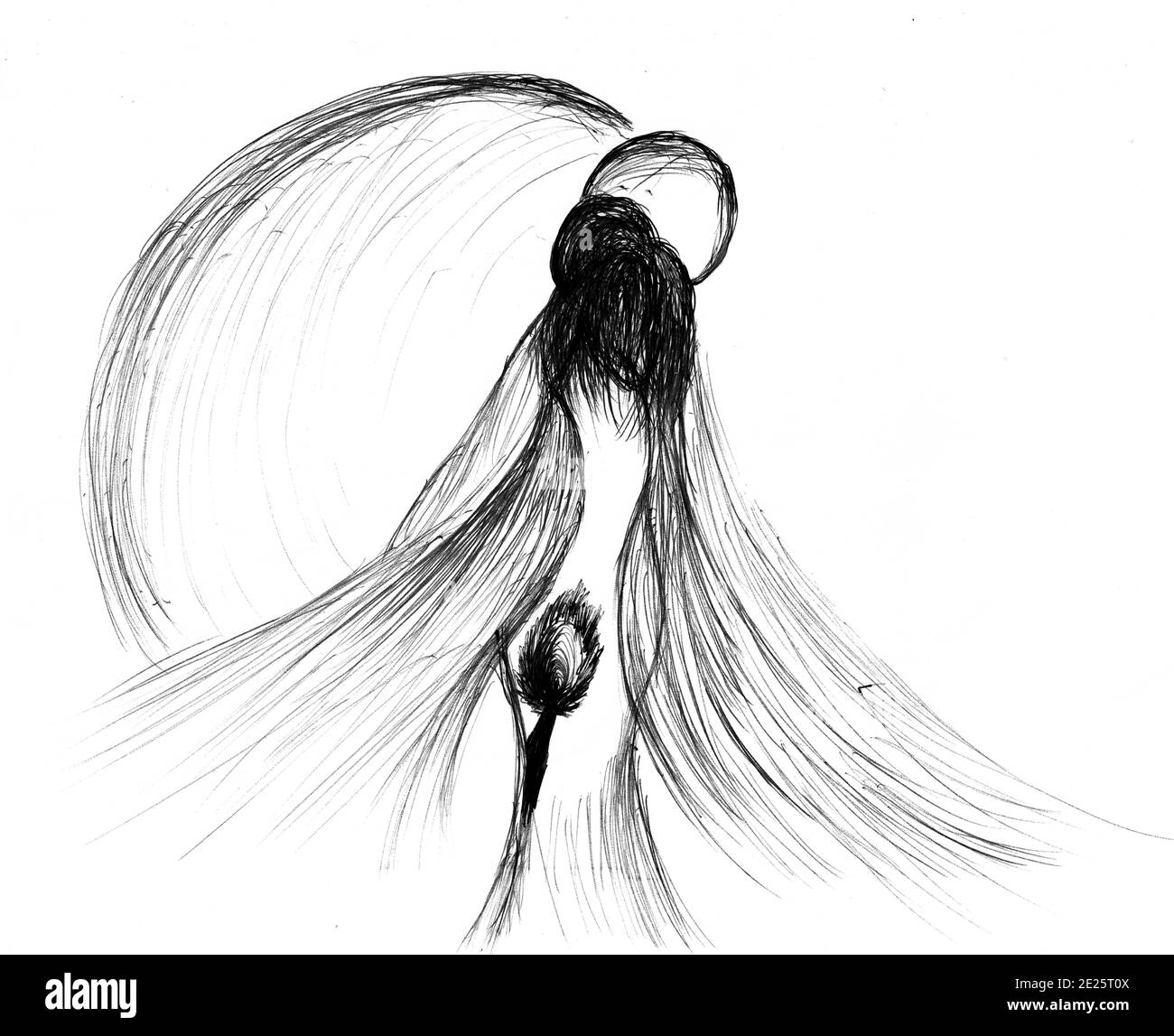 Città del Capo Sud Africa - 13-08-2019 Illustrazione stile inchiostro. Astratto uccello essere. Luna sulla testa sole in background. Foto Stock