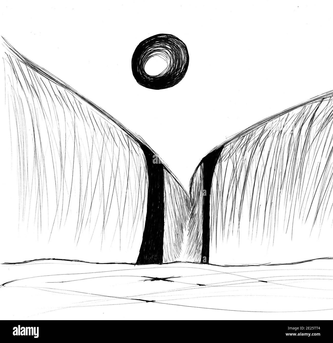 Città del Capo Sud Africa - 13-08-2019 Illustrazione stile inchiostro. Tramonto astratto su una valle. Foto Stock