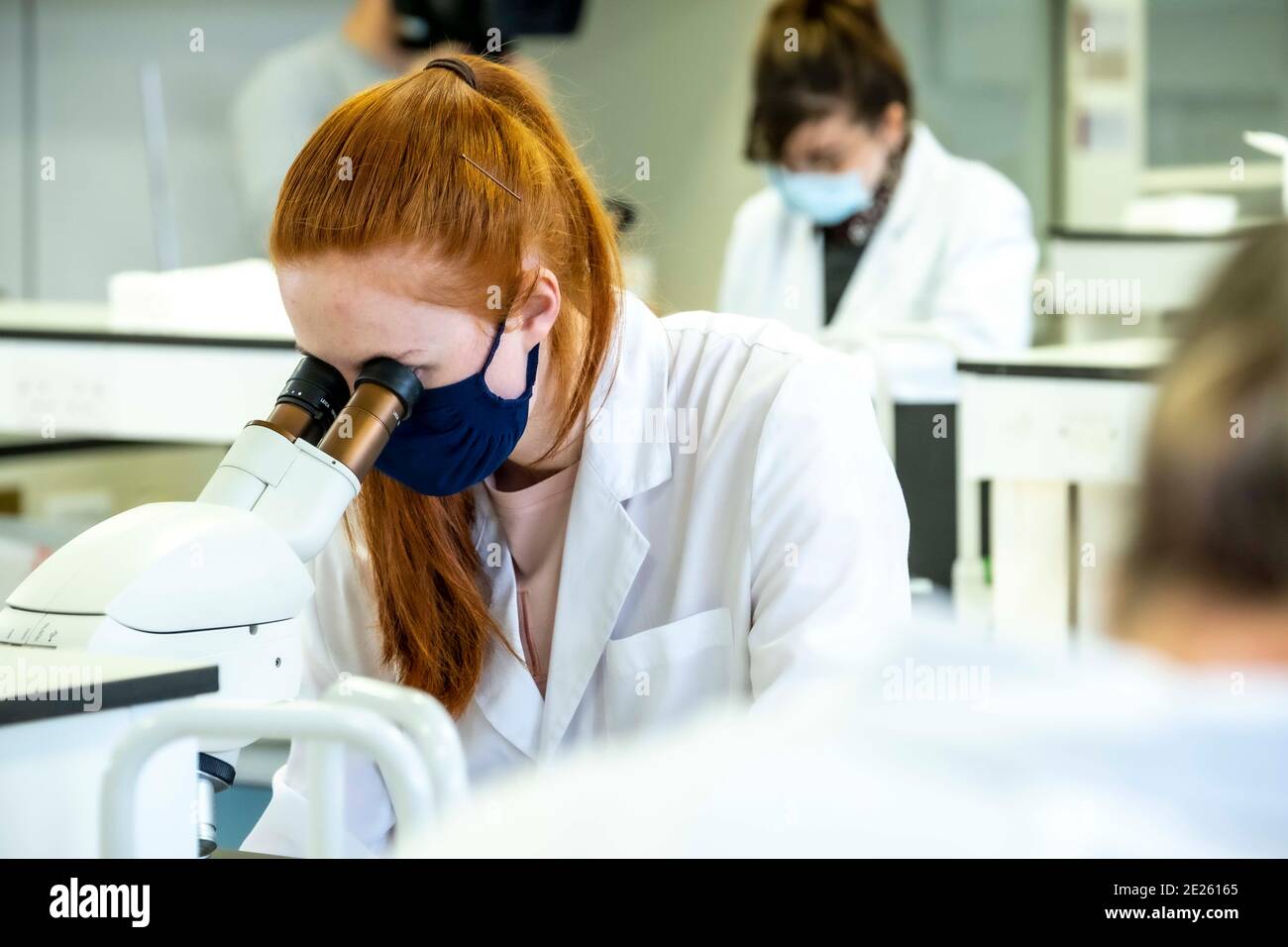 tecnici che lavorano in laboratorio indossando maschere Foto Stock