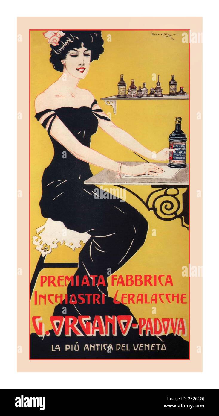 Poster di inchiostro e cera sigillante d'epoca 1890 Lithograph G. organo Padova Italian Art Nouveau Poster G-organo-Padova-Premiata fabbrica Inchiostri Ceralacche- Italian Poster di pubblicità Bavzon ad alta risoluzione Italian Poster di pubblicità di Bavzon per inchiostri e cera sigillante. Foto Stock