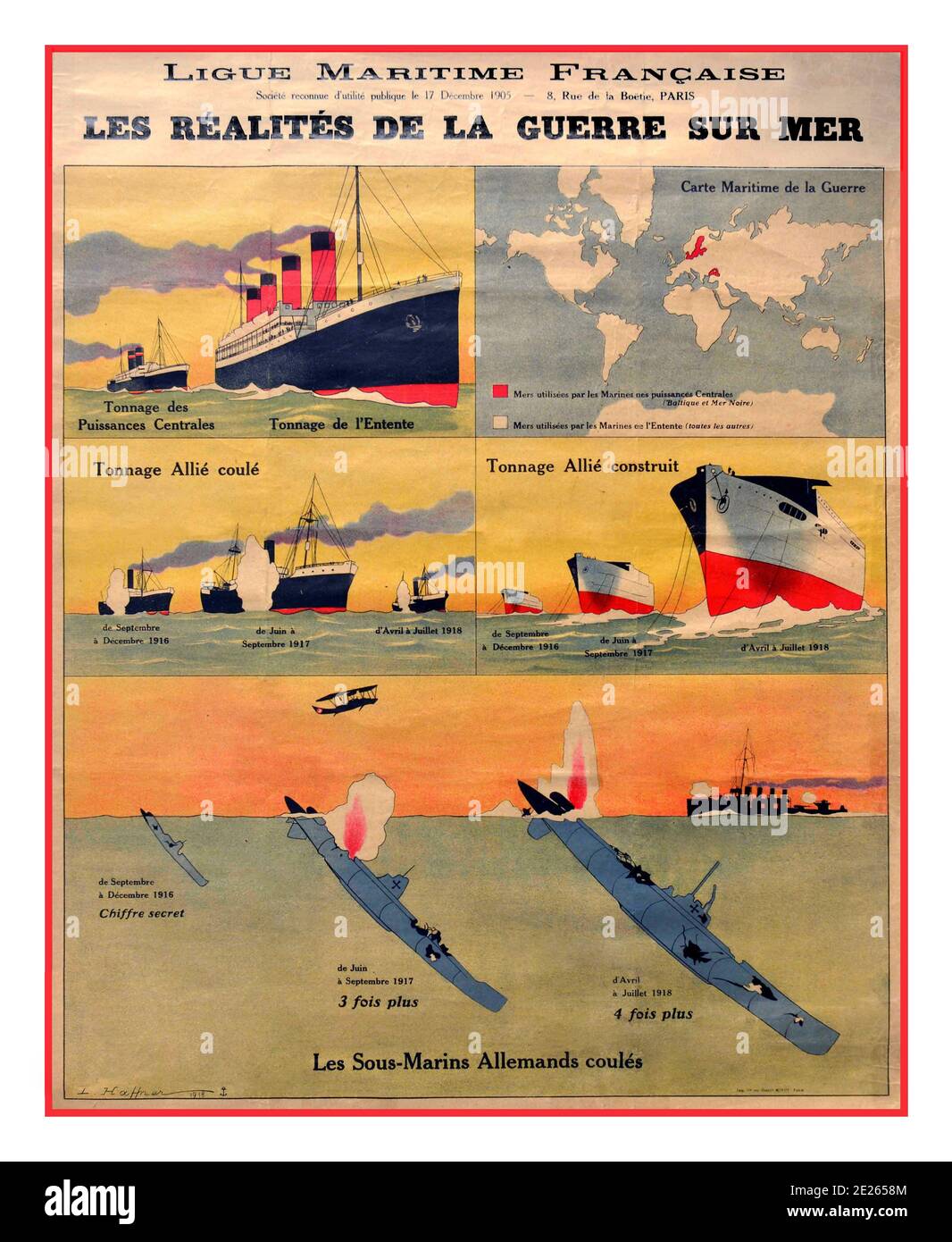 WW1 POSTER DI GUERRA GUERRA GUERRA MARE GUERRA WWI FRANCIA SOTTOMARINI NAVY vintage guerra propaganda poster rilasciato in Francia durante la prima guerra mondiale l'immagine si divide in cinque illustrazioni che mostrano il numero di navi e sottomarini costruiti e affondati dagli Alleati e dalle potenze centrali. LES REALITÉS DE LA GUERRE SUR MER - REALTÀ DELLA GUERRA IN MARE. La guerra navale durante la prima guerra mondiale era caratterizzata principalmente da un blocco. Le potenze alleate, con le loro flotte più grandi e la loro posizione circostante, riuscirono in gran parte a bloccare la Germania e le altre potenze centrali. Foto Stock