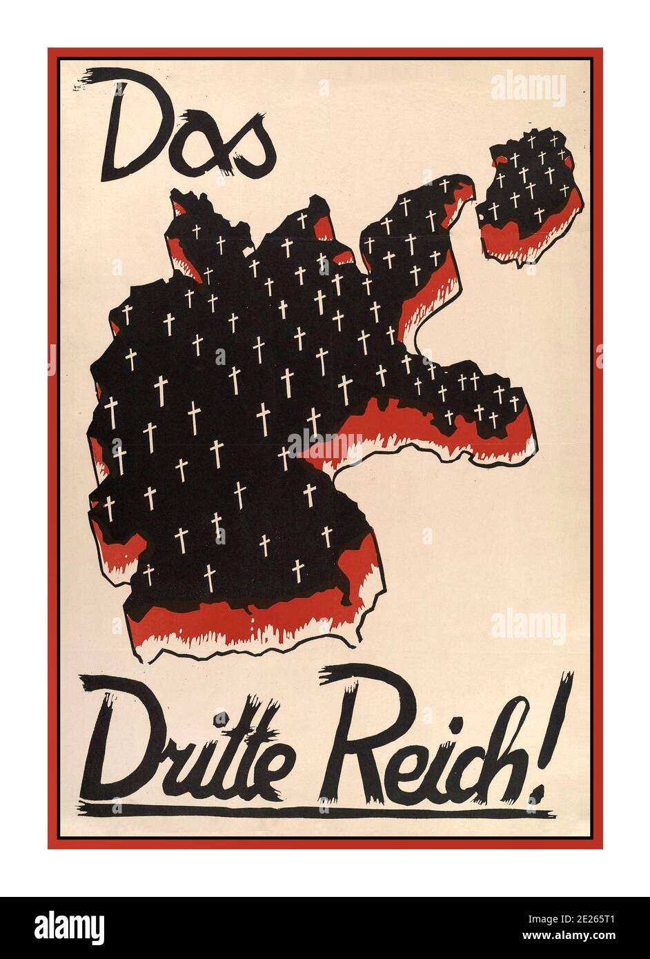 1932 Archivio tedesco Anti-nazista elezione Propaganda DAS DRITTE REICH il terzo Reich! Election Propaganda poster Germania Mappa della Germania come cimitero con croci bianche anni '1930 Disegno di una mappa in rilievo della Germania, macchiata di sangue e piena di croci bianche che segnano tombe. Manifesto politico anti-nazista dalle elezioni federali tedesche del 1932. Il poster raffigura la Germania sanguinante e ricoperta di croci, implicando che se i nazisti avessero guadagnato il potere, i loro sistemi di violenza e intimidazione avrebbero causato la Germania e la sua gente a soffrire. Nel giugno del 1932, la Germania era nel cuore della grande depressione. Foto Stock