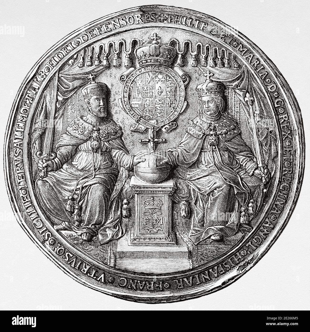 Medaglia di Filippo II di Spagna e di Maria i d'Inghilterra, nota anche come Bloody Mary, 1516-1558. Regina d'Inghilterra e d'Irlanda. Storia di Filippo II di Spagna. Vecchia incisione pubblicata in Historia de Felipe II da H. Forneron, nel 1884 Foto Stock