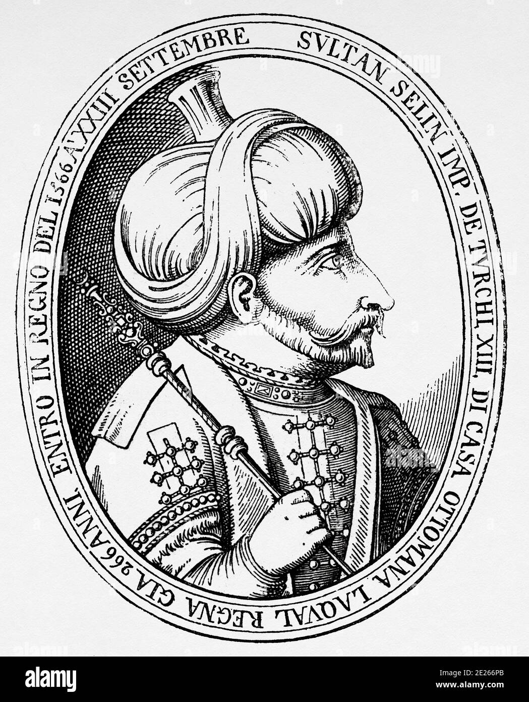 Ritratto di Selim II (28 maggio 1524 - 12 dicembre 1574) governò come Sultano dell'Impero Ottomano. Nacque a Costantinopoli, figlio di Suleiman il magnifico e della sua Anastasia Lisovska preferita. Storia di Filippo II di Spagna. Vecchia incisione pubblicata in Historia de Felipe II da H. Forneron, nel 1884 Foto Stock