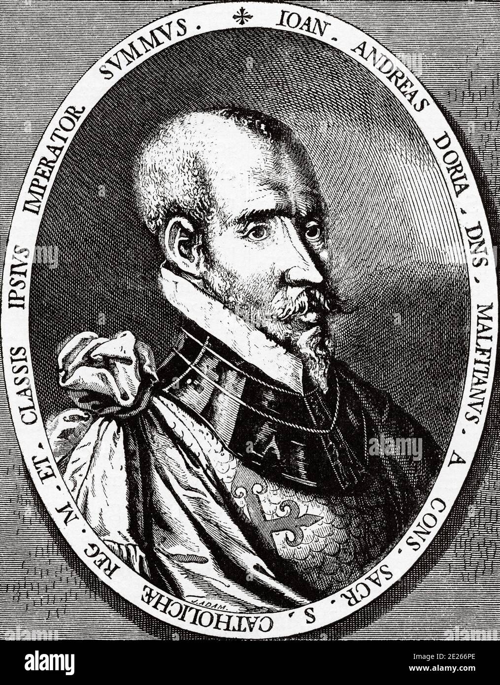 Ritratto di Andrea Doria o D'Oria, (1466-1560), ammiraglio e politico italiano della Repubblica di Genova, Dux di Genova. Storia di Filippo II di Spagna. Vecchia incisione pubblicata in Historia de Felipe II da H. Forneron, nel 1884 Foto Stock