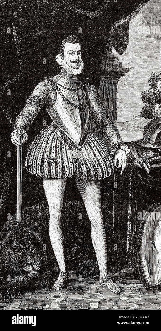 Ritratto di Giovanni d'Austria (Ratisbona, 24 febbraio 1545 o 1547 - Bouge, 1 ottobre 1578), figlio illegittimo di Re Carlo i di Spagna e V del Sacro Romano Impero, e Barbara Blomberg; Era un membro della famiglia reale spagnola, militare e diplomatico durante il regno di suo fratello Filippo II Storia di Filippo II di Spagna. Vecchia incisione pubblicata in Historia de Felipe II da H. Forneron, nel 1884 Foto Stock