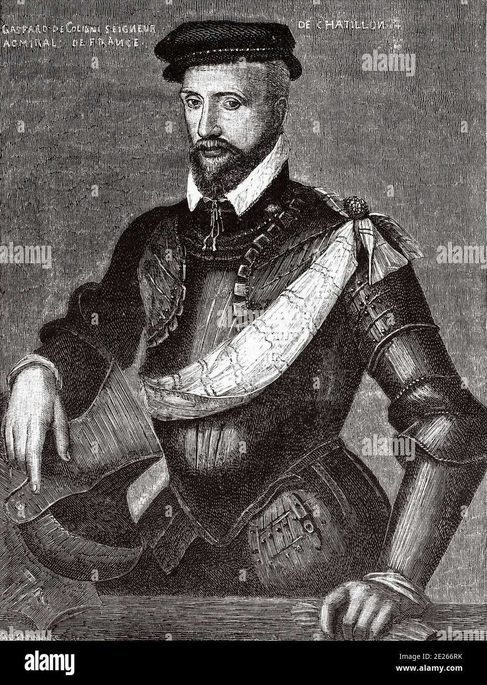 Ritratto di Gaspard II de Coligny o Gaspard de Chatillon (Chatillon-sur-Loing, 1519 - Parigi, 1572), soldato francese, ammiraglio di Francia e comandante militare degli ugonotti. Storia di Filippo II di Spagna. Vecchia incisione pubblicata in Historia de Felipe II da H. Forneron, nel 1884 Foto Stock