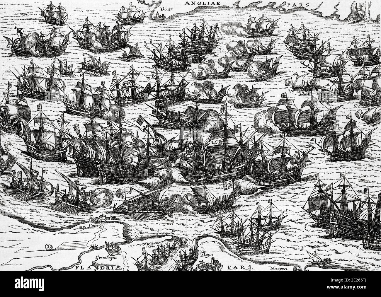 L'Armada spagnola che arriva sulla Manica, 1588, guerra anglo-spagnola. Storia di Filippo II di Spagna. Vecchia incisione pubblicata in Historia de Felipe II da H. Forneron, nel 1884 Foto Stock