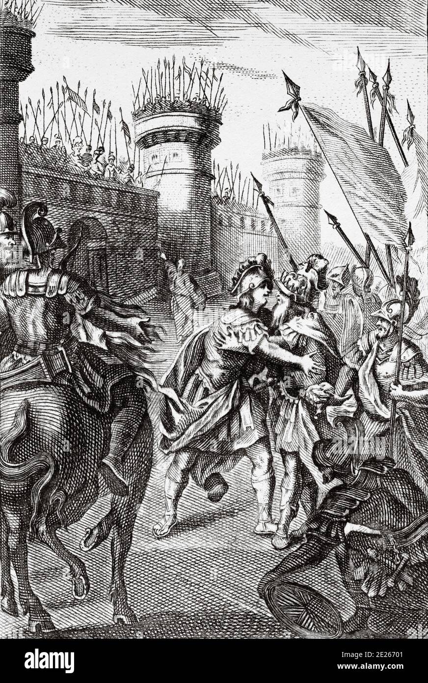 Telemachus si unirà a Mentor tra gli alleati. Il mentore lo riconosce, Telemaco lo abbraccia e la sua presenza impegna gli alleati ad accettare la pace. Antico 18 ° secolo incisione dal libro le avventure di Telemachus figlio di Ulisse di Francois de Salygnac 1767 Foto Stock