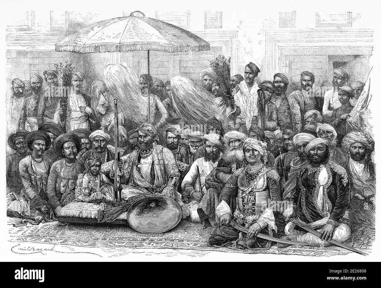 Durbar, Consiglio feudale e legale dello stato principesco di Maharaja Rana di Dholpur, regno di Dholepore. Rajasthan, India. Vecchia illustrazione di incisione da El Mundo en la mano 1878 Foto Stock
