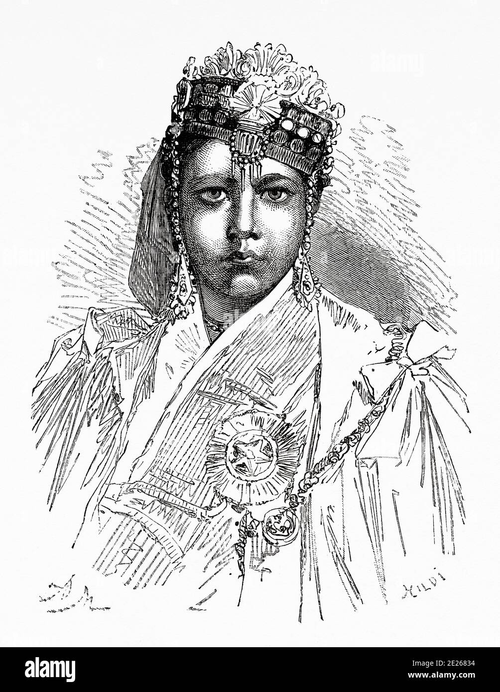 Ritratto della principessa Shah Jahan (1838-1901) a Bhopal, India. Vecchia illustrazione di incisione da El Mundo en la mano 1878 Foto Stock