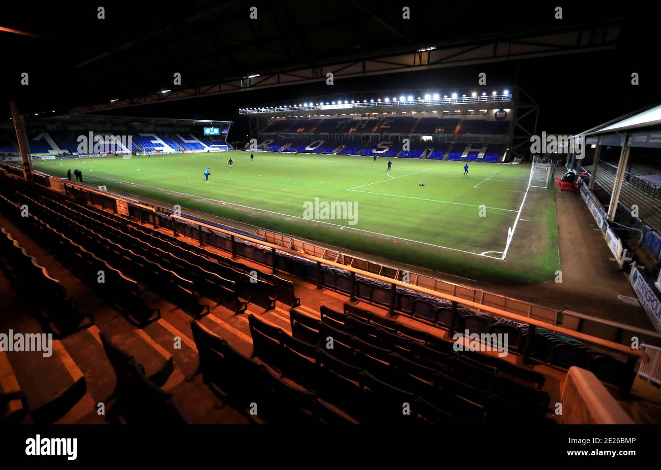 Vista generale del Weston Homes Stadium vuoto prima della terza partita del Papa John's Trophy al Weston Homes Stadium di Peterborough. Foto Stock