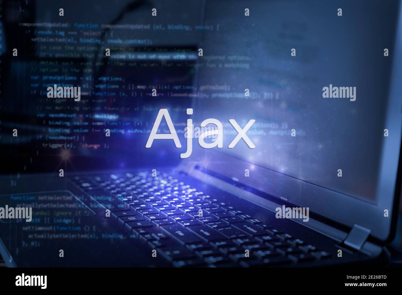 Iscrizione AJAX sul laptop e sullo sfondo del codice. Concetto di tecnologia. Foto Stock