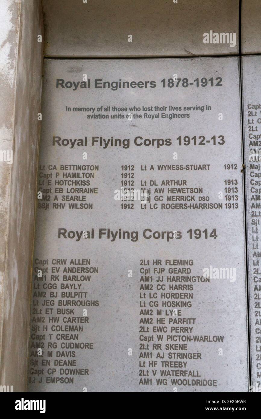 Nomi sul Memoriale di volo dell'Esercito, Museo di volo dell'Esercito, un Museo dell'Aviazione militare a Stockbridge, Hampshire, Regno Unito. Foto Stock