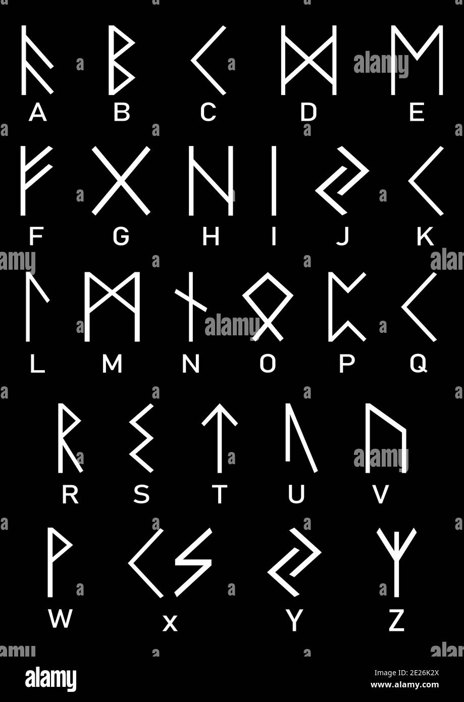 Alfabeto vichingo. Simboli vichinghi in bianco e nero. Vecchie lettere rune e le loro controparti in alfabeto latino. Rune bianche su sfondo nero. Foto Stock