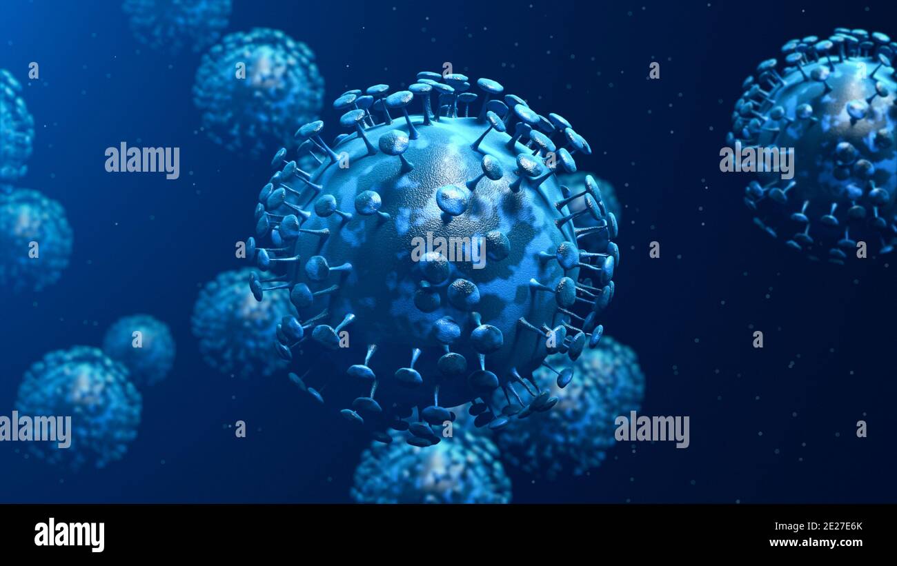Gruppo di cellule del virus. Illustrazione 3D della mutazione di Covid-19 delle cellule di Coronavirus Foto Stock