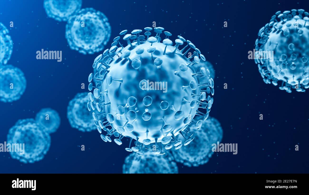 Gruppo di cellule di Coronavirus. Concetto di mutazione B117 di Covid-19 Foto Stock