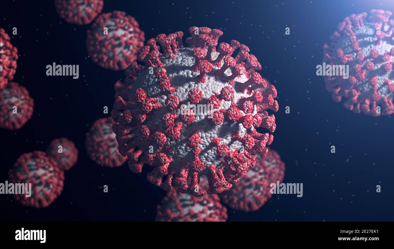 COVID-19 particelle di cellule di Coronavirus al microscopio Foto Stock