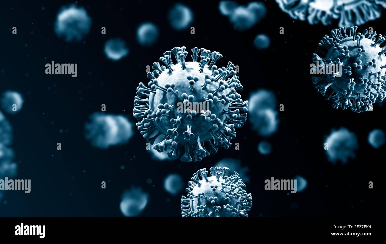 Coronavirus Covid-19 focolaio, microscopici virus primo piano. rendering 3d Foto Stock
