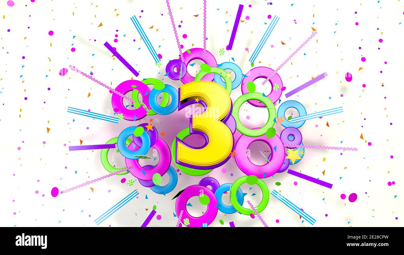 Numero 3 per promozione, compleanno o anniversario di un'esplosione di confetti, stelle, linee e cerchi di colore viola, blu, giallo, rosso e verde Foto Stock