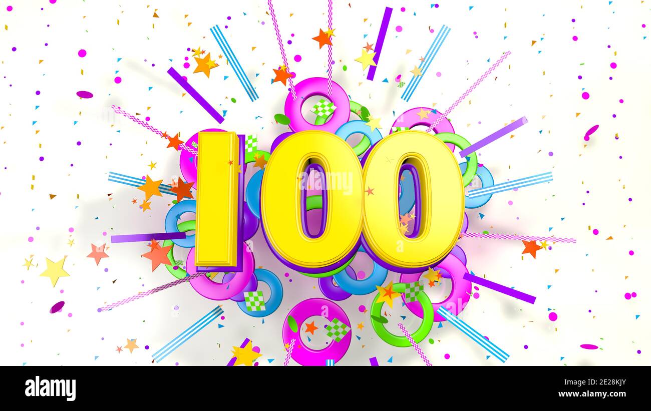 Numero 100 per la promozione, il compleanno o l'anniversario di un'esplosione di confetti, stelle, linee e cerchi di colore viola, blu, giallo, rosso e verde Foto Stock