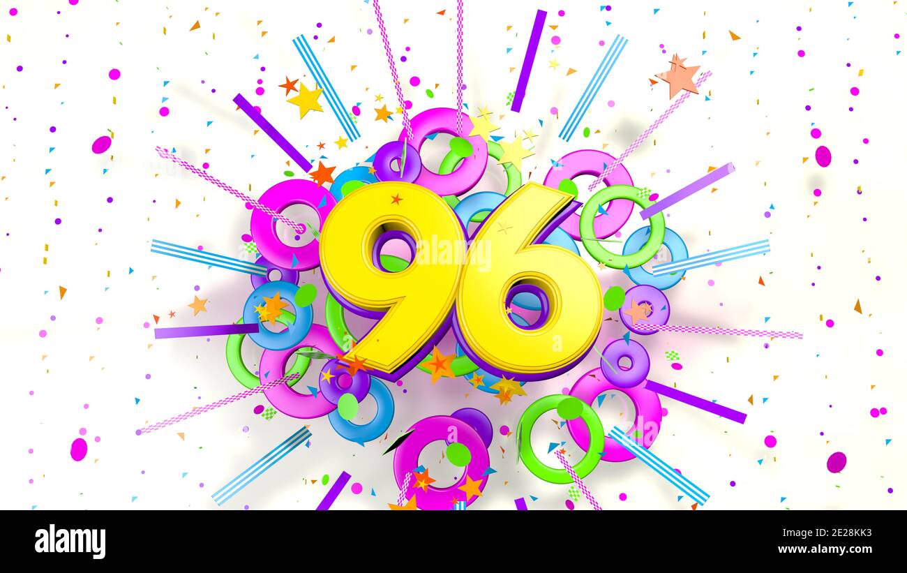 Numero 96 per promozione, compleanno o anniversario di esplosione di confetti, stelle, linee e cerchi di colore viola, blu, giallo, rosso e verde o Foto Stock