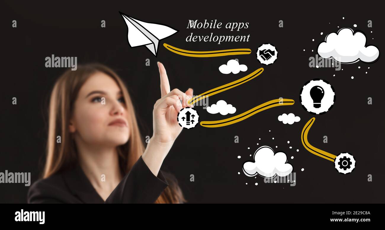 Business, tecnologia, Internet e concetto di rete. Un giovane uomo d'affari pensa ai passi per una crescita di successo: Lo sviluppo di app mobili Foto Stock