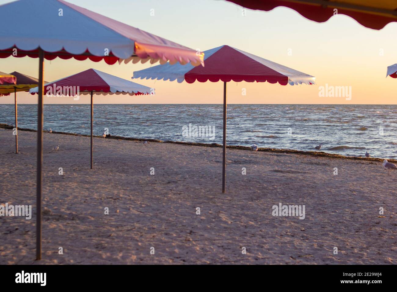 Ombrellone colorato sulla spiaggia sabbiosa vuota all'alba Foto Stock