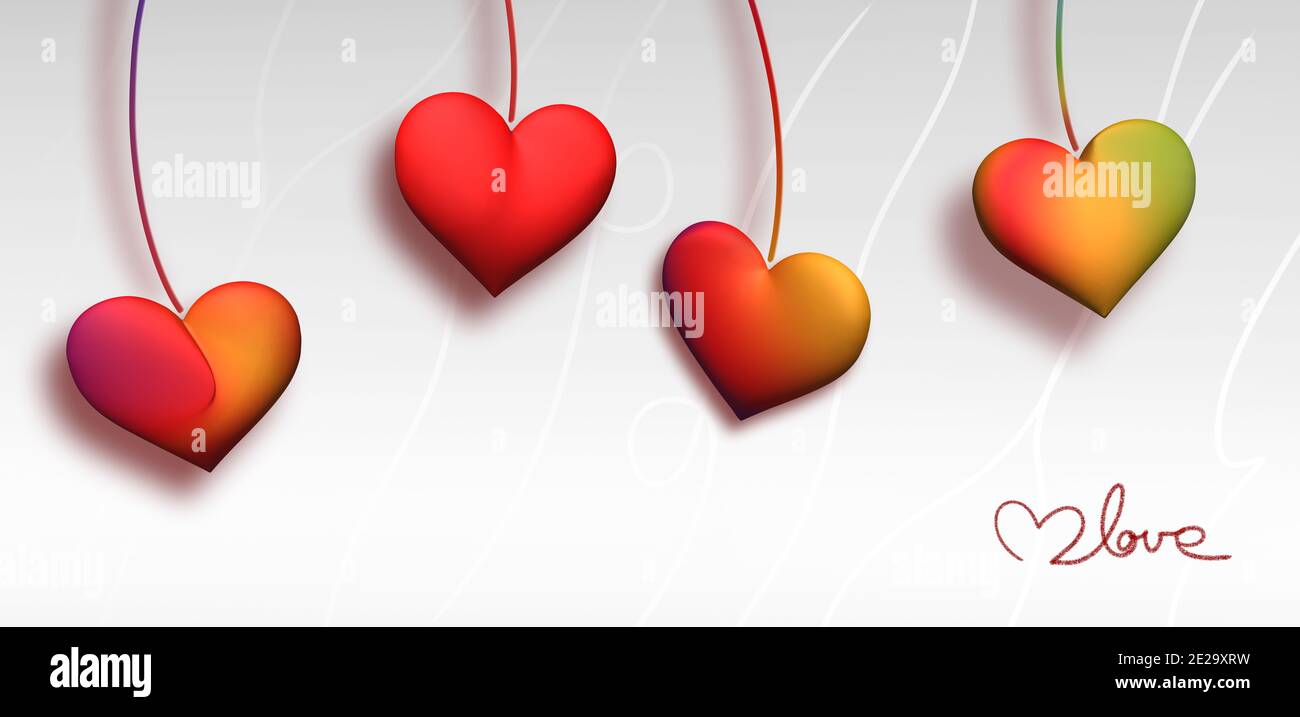 Quattro cuori dai colori caldi appesi con testo d'amore e grigio sfondo a strisce sfumate Foto Stock