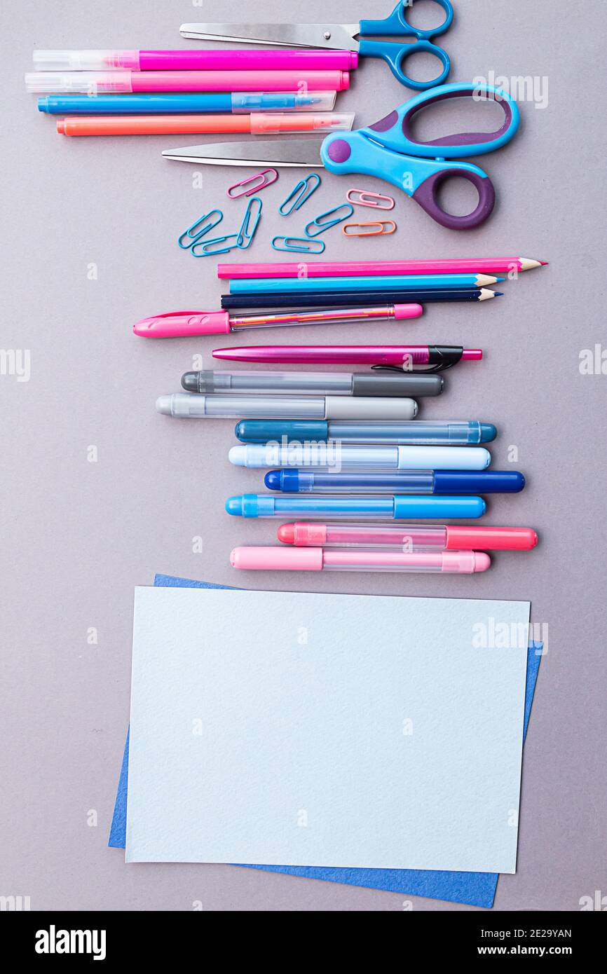 Varie cartoleria in rosa e blu, fogli bianchi di carta, su sfondo