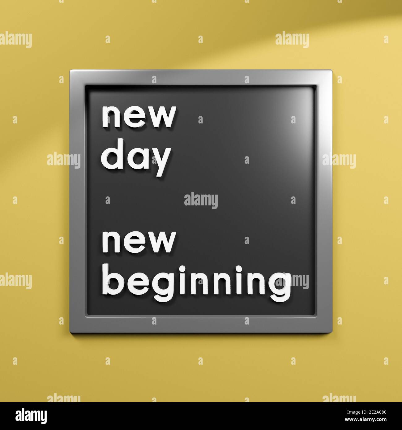 Nuovo inizio del giorno, citazione motivazionale incoraggiante o di dire, bacheca con lettere bianche e parole su sfondo nero, illustrazione 3D Foto Stock