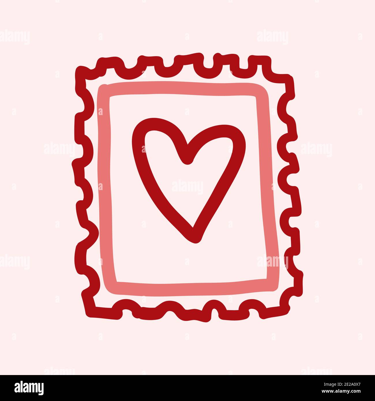 Tema del giorno di San Valentino icona doodle della posta disegnata a mano timbro con la forma del cuore isolato su un rosa Foto Stock