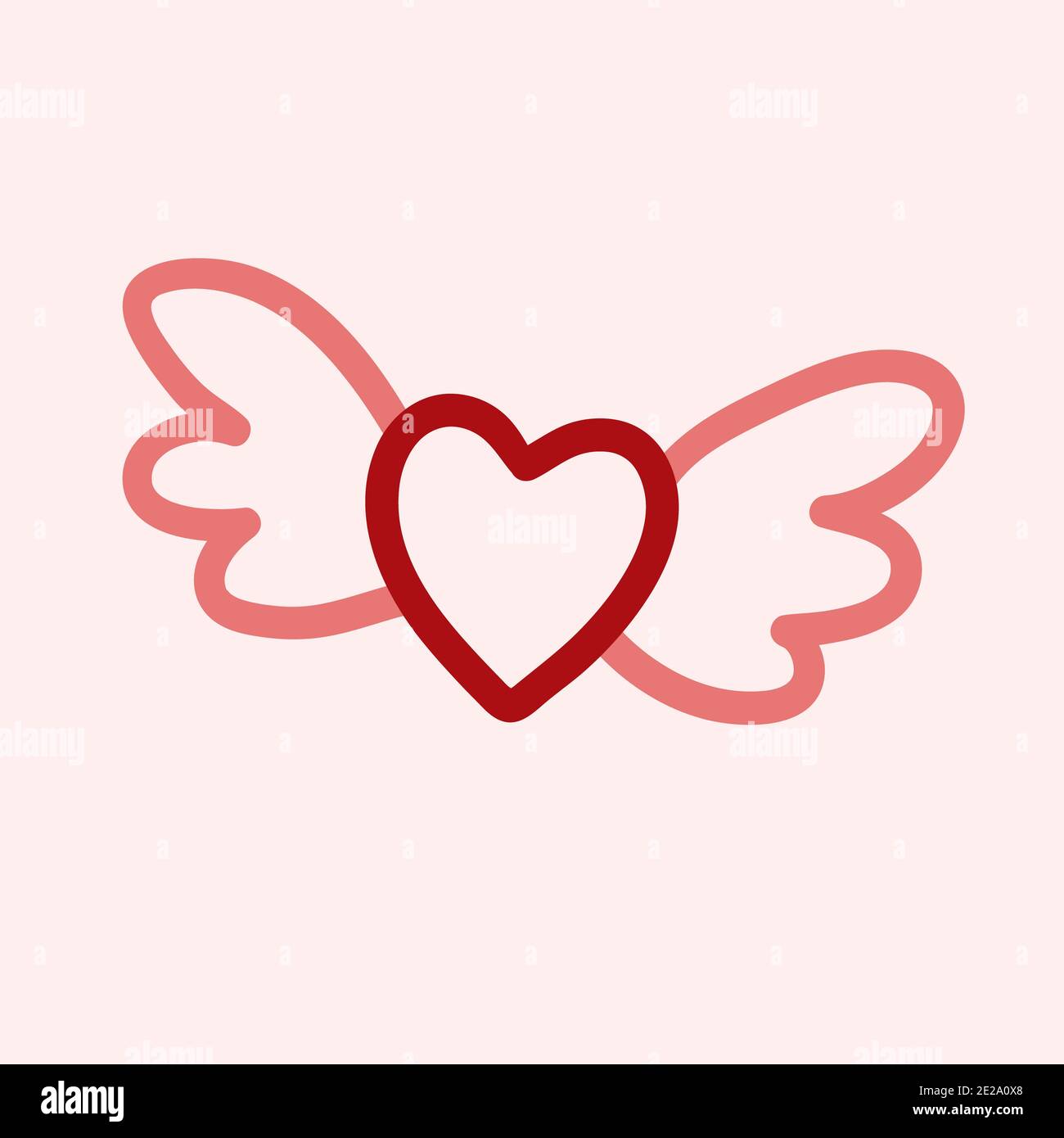 Tema del giorno di San Valentino icona doodle della forma del cuore disegnata a mano con piccole ali isolate su sfondo rosa Foto Stock
