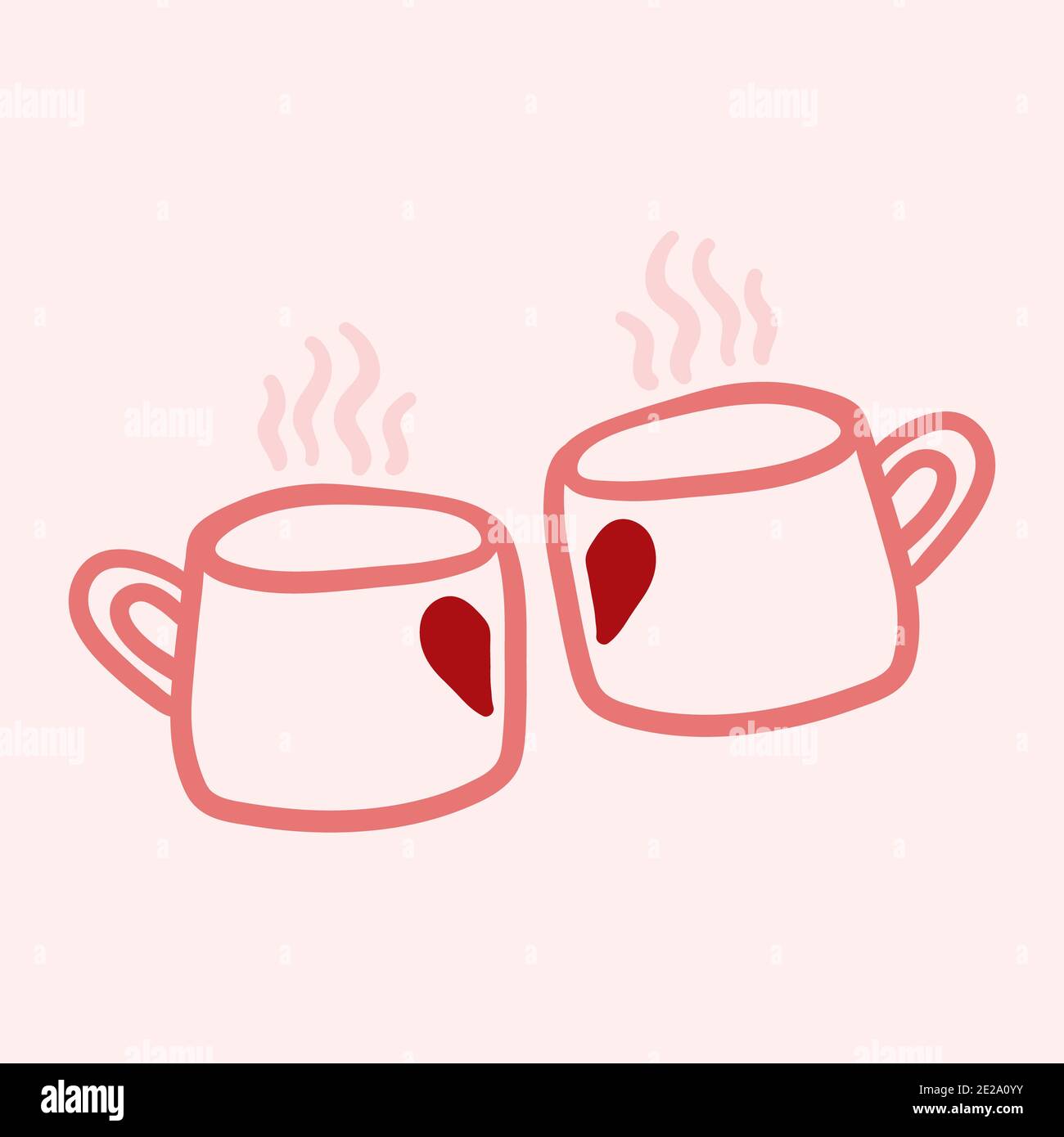 San Valentino tema doodle icona di due tazze disegnate a mano di tè di caffè con forma del cuore isolato su a. rosa Foto Stock