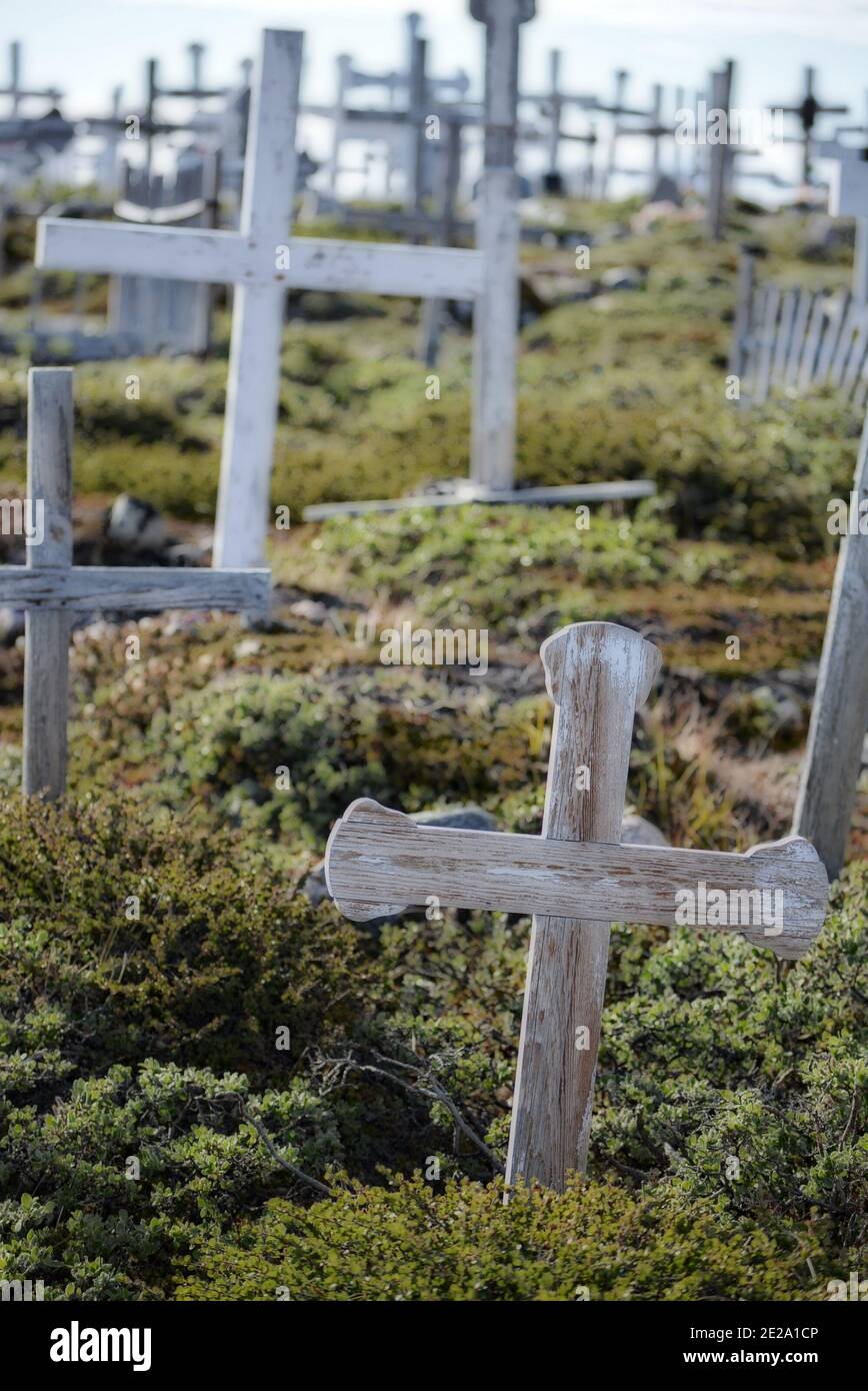 Groenlandia, Ilulissat, luglio - cimitero con croci nella tundra verde - cielo blu nella baia di Disko Foto Stock