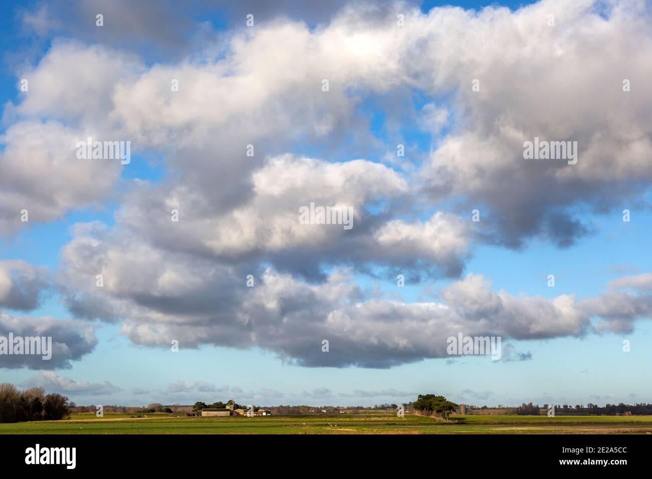 Soffici nubi bianche di cumuli che passano sui campi, Alderton, Suffolk, Inghilterra, Regno Unito Foto Stock