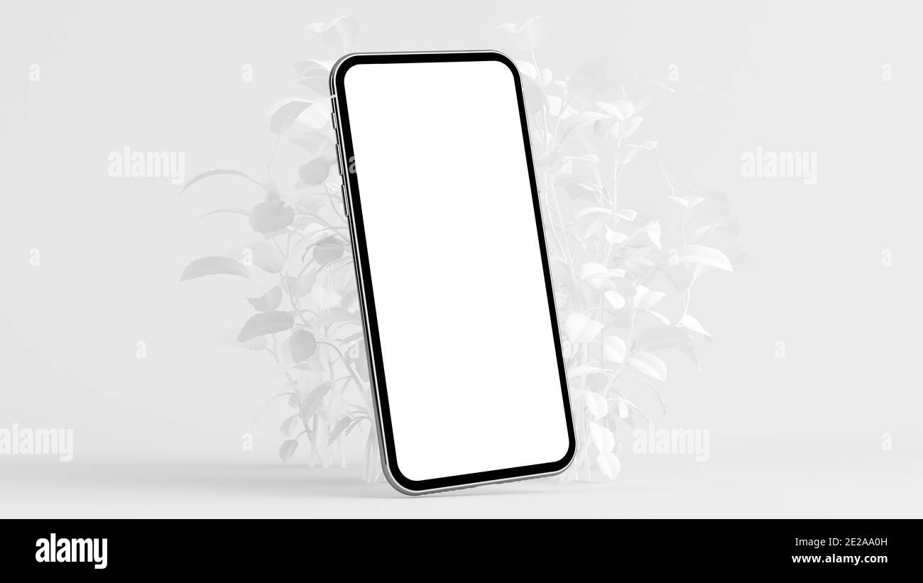 Smartphone con piante di carta bianca minimale scena 3d rendering mock su Foto Stock