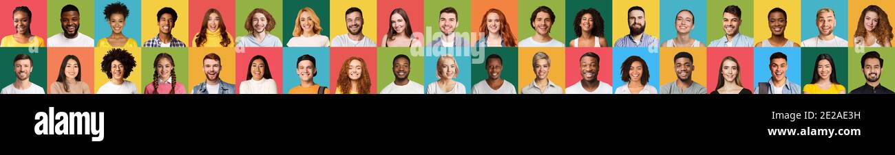 Varie persone Headshots e Ritratti su sfondi colorati, Panorama, Collage Foto Stock