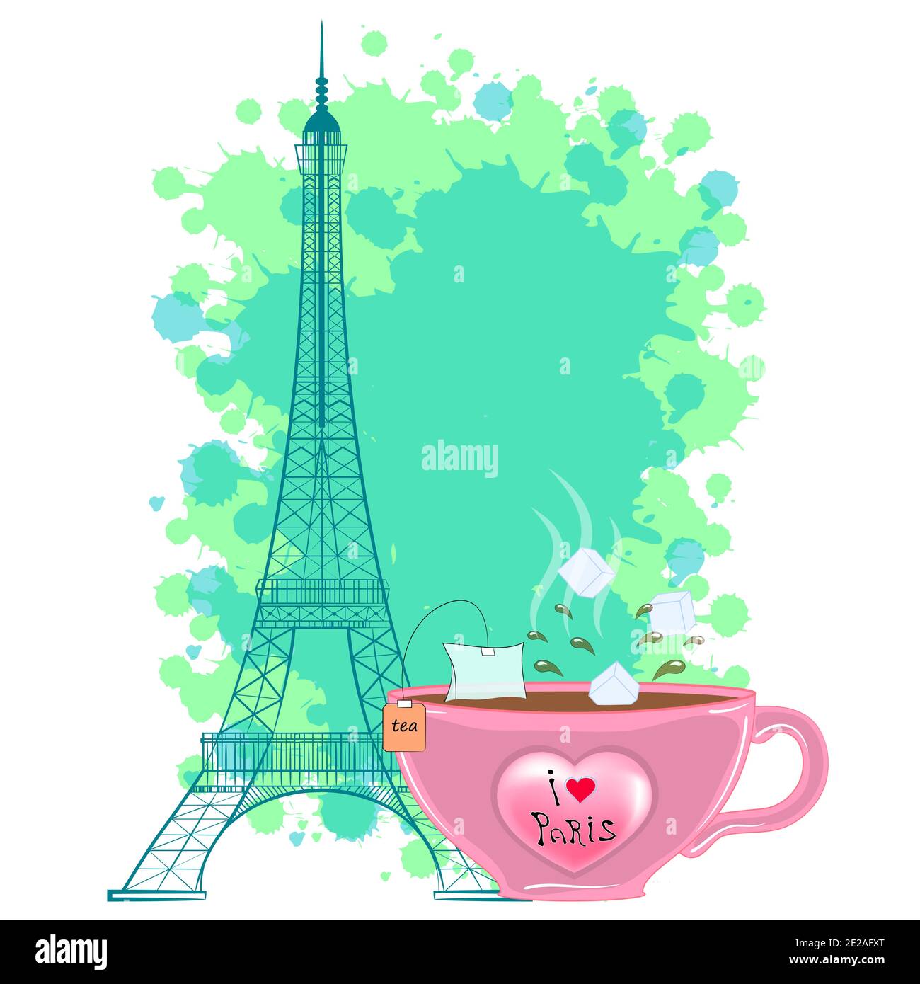 Torre Eiffel e una tazza di tè. Illustrazione vettoriale. Illustrazione Vettoriale