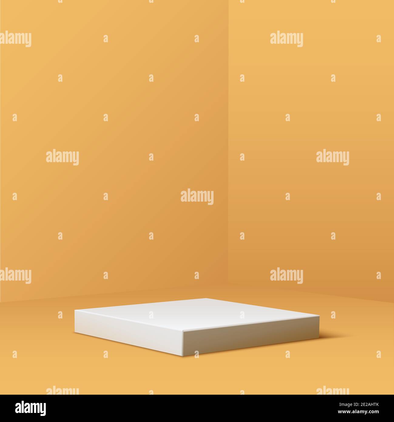 Podio bianco quadrato per prodotto su sfondo arancione pastello. piedistallo 3d nell'illustrazione vettoriale spotlight. Palco geometrico sul pavimento in camera. Riassunto Illustrazione Vettoriale