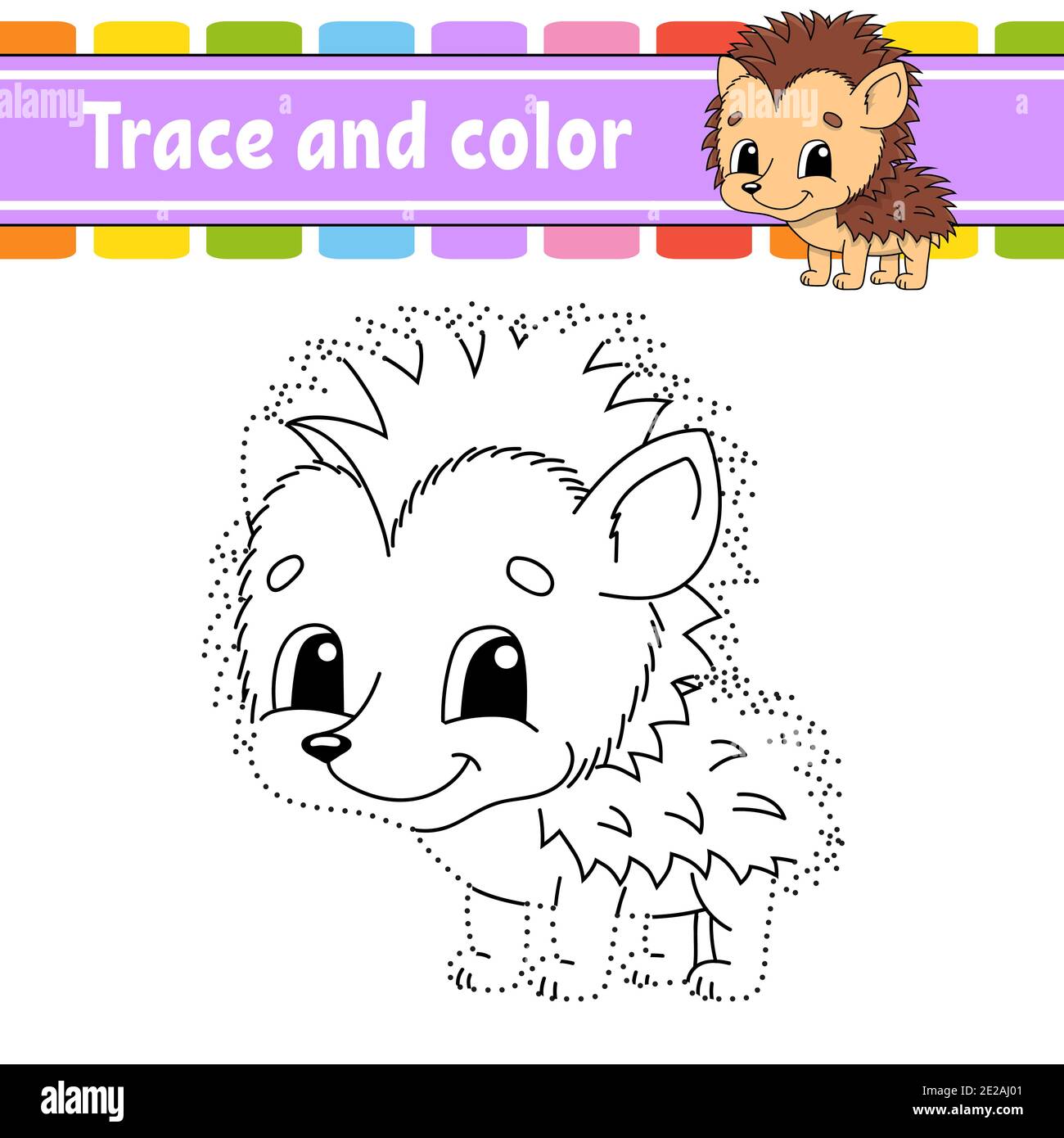 Traccia e colore. Pagina da colorare per bambini. Pratica di scrittura a mano. Foglio di lavoro per lo sviluppo dell'istruzione. Animale hedgehog. Pagina attività. Gioco per bambini. ISOL Illustrazione Vettoriale