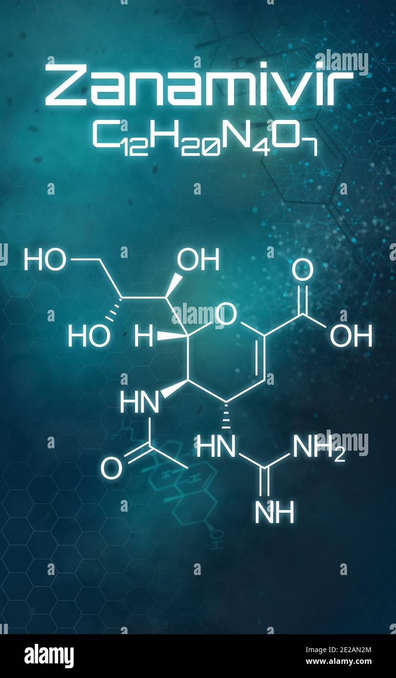 Formula chimica di Zanamivir su sfondo futuristico Foto Stock