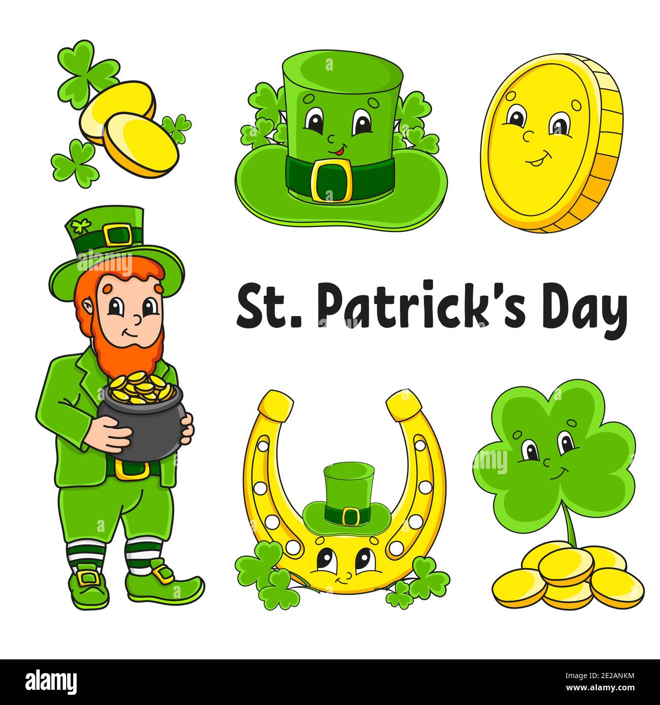Set di adesivi colorati per bambini. Giorno di San Patrizio. Leprechaun con una pentola d'oro, moneta d'oro, trifoglio, cappello, ferro di cavallo d'oro. Personaggi cartoni animati. Nero Illustrazione Vettoriale