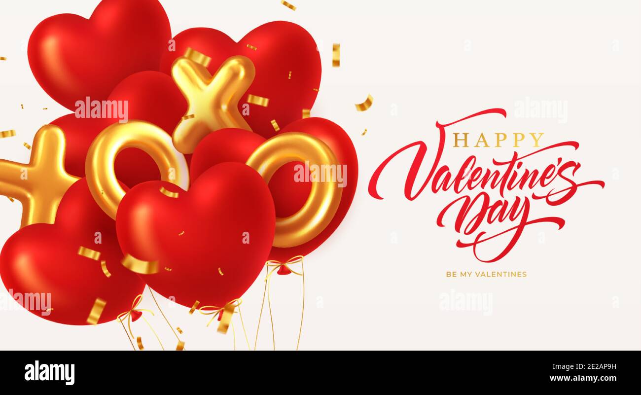 Palloncini rossi scintillanti a forma di cuore e palloncini dorati xoxo con oro confetti scintillanti iscrizione Happy San Valentino isolato su bianco Illustrazione Vettoriale