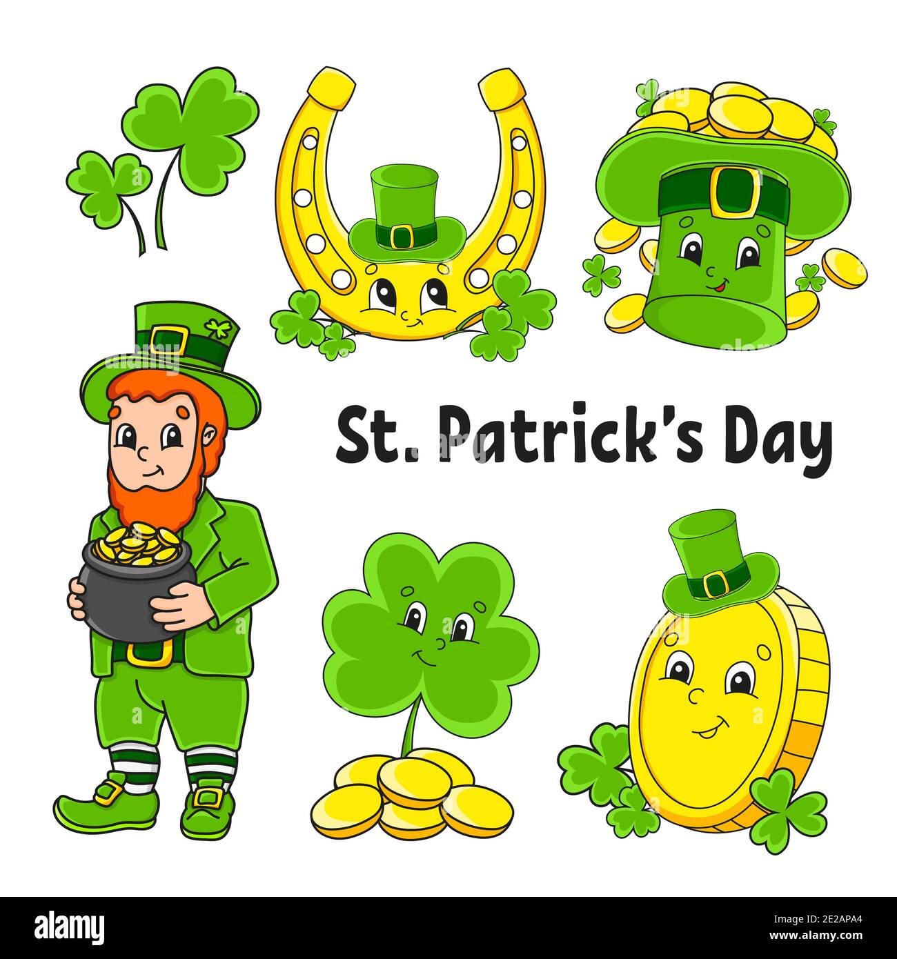 Set di adesivi colorati per bambini. Leprechaun con una pentola d'oro, moneta d'oro, trifoglio verde, cappello, ferro di cavallo d'oro. Giorno di San Patrizio. Personaggi cartoni animati. Illustrazione Vettoriale
