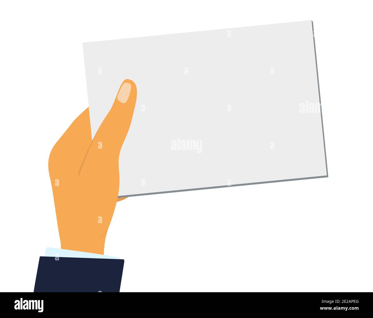 la mano contiene un foglio di carta vuoto o un biglietto da visita. Illustrazione vettoriale a disegno piatto. Isolato su sfondo bianco. Illustrazione Vettoriale